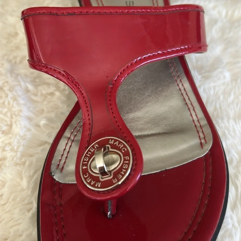 Marc Fisher Red  Patent Leather Sandals with Metallic Embellishment